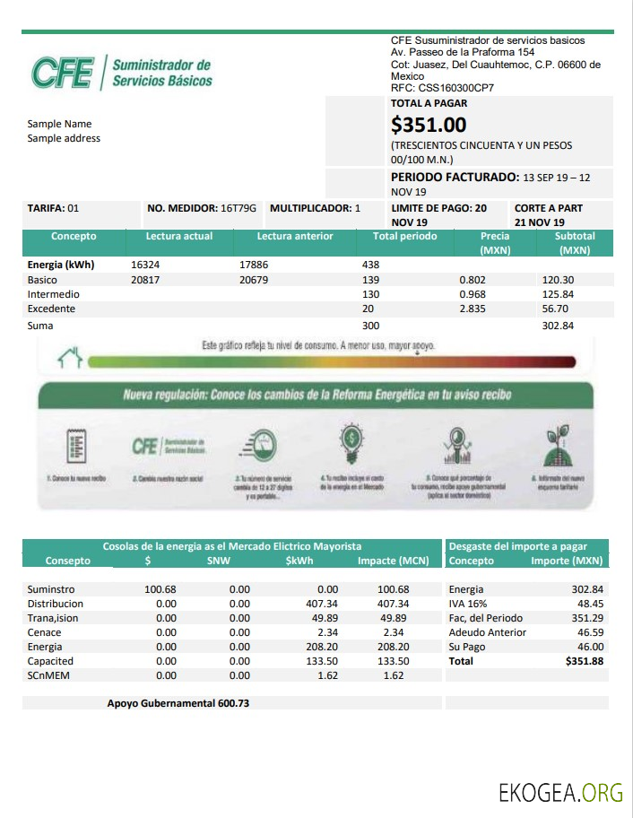 Mexico Electricity CFE utility bill template in Word and PDF format, fully editable